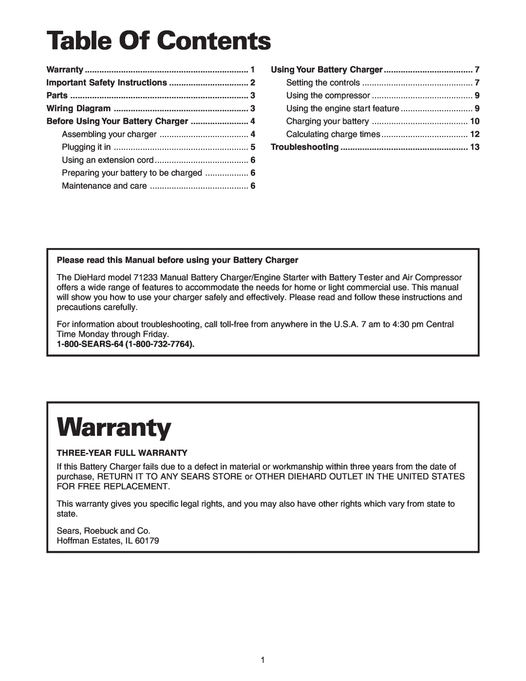 Sears 200.71233 Table Of Contents, Warranty, Assembling your charger, Plugging it in, Using an extension cord, SEARS-64 