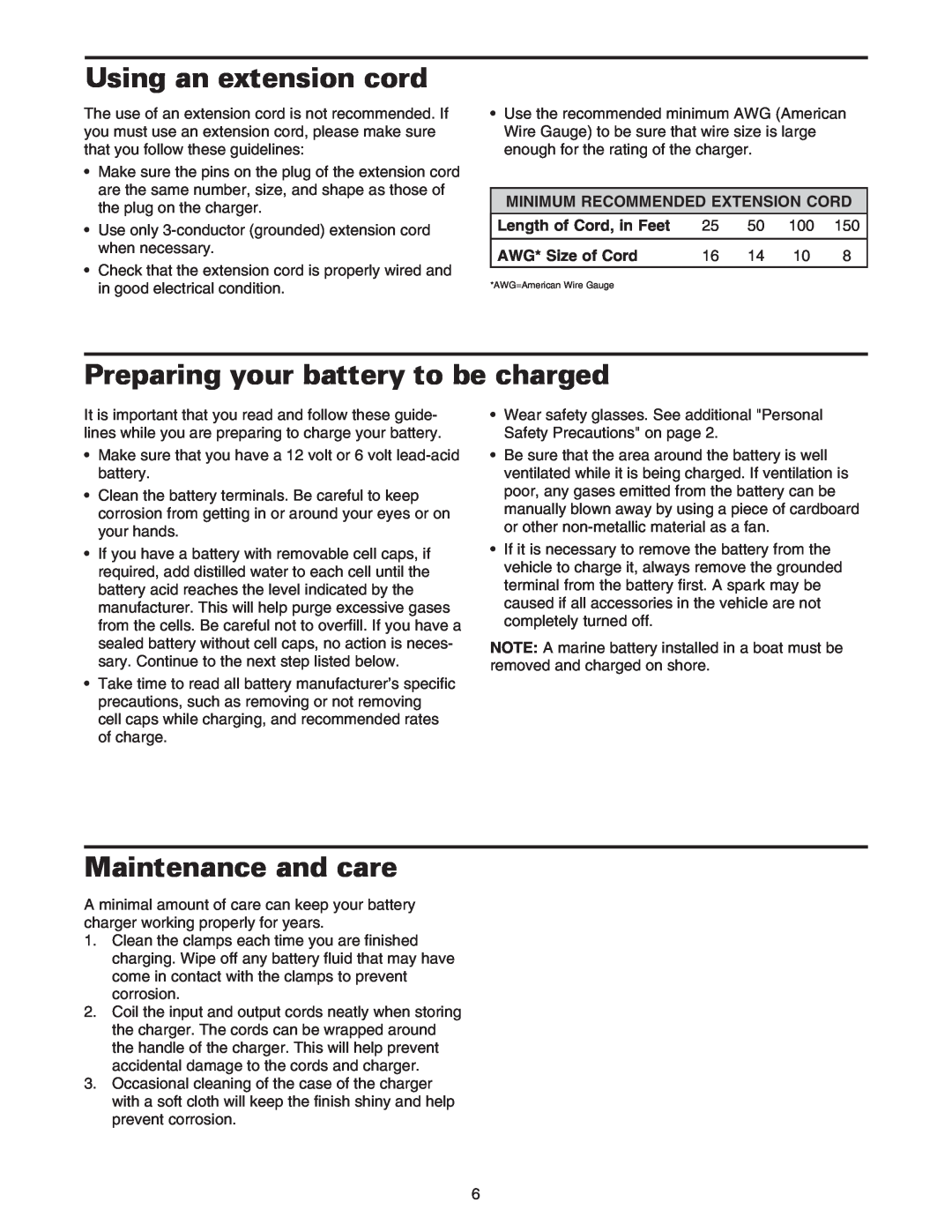 Sears 200.71233 Using an extension cord, Preparing your battery to be charged, Maintenance and care, AWG* Size of Cord 