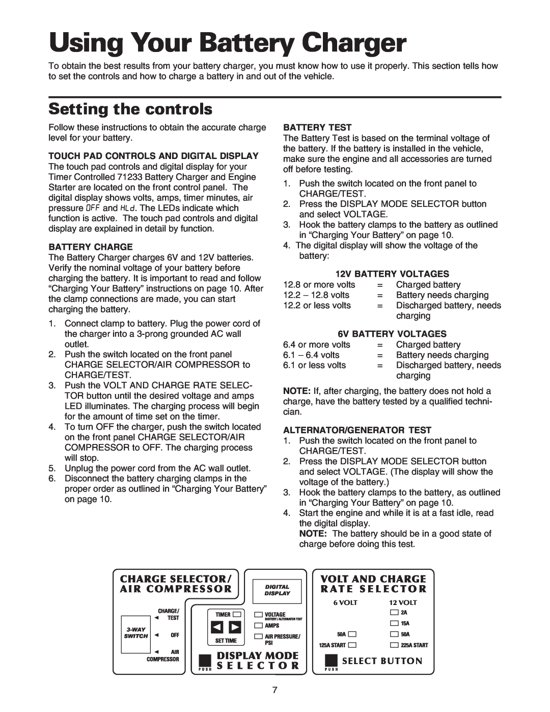 Sears 200.71233 Using Your Battery Charger, Setting the controls, Touch Pad Controls And Digital Display, Battery Test 