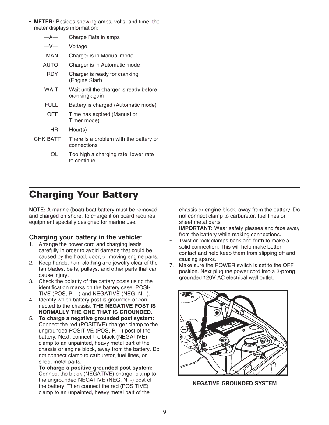 Sears 200.71234 owner manual Charging Your Battery, Charging your battery in the vehicle, Normally the ONE That is Grounded 