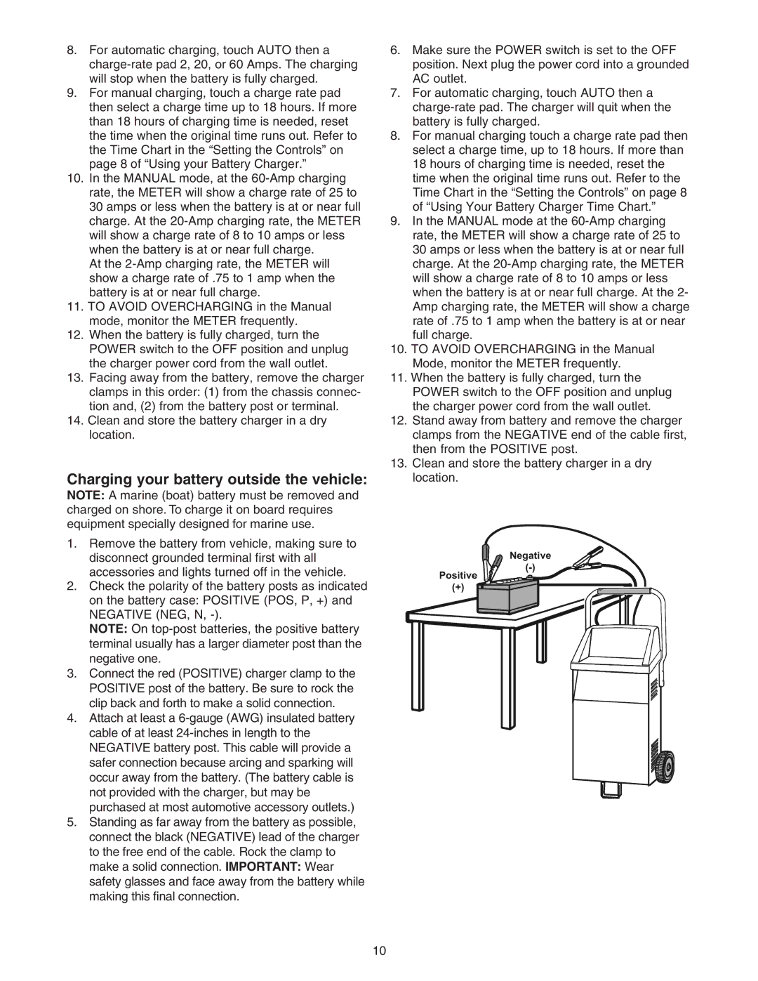 Sears 200.71234 owner manual Charging your battery outside the vehicle 