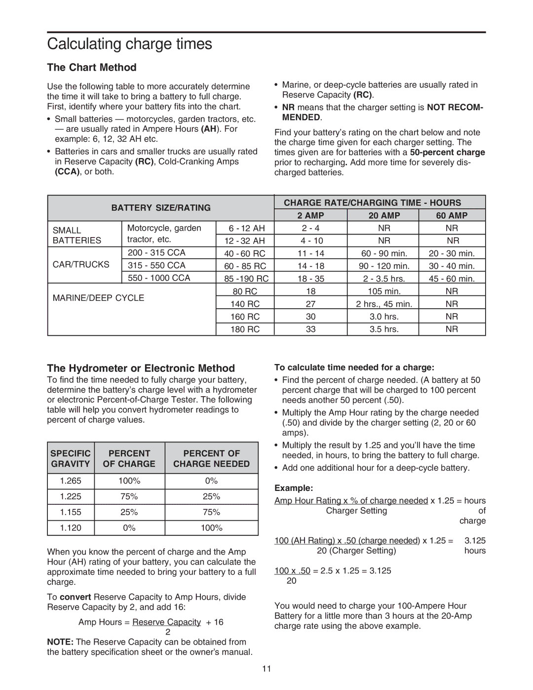 Sears 200.71234 owner manual Calculating charge times, Chart Method, Hydrometer or Electronic Method 