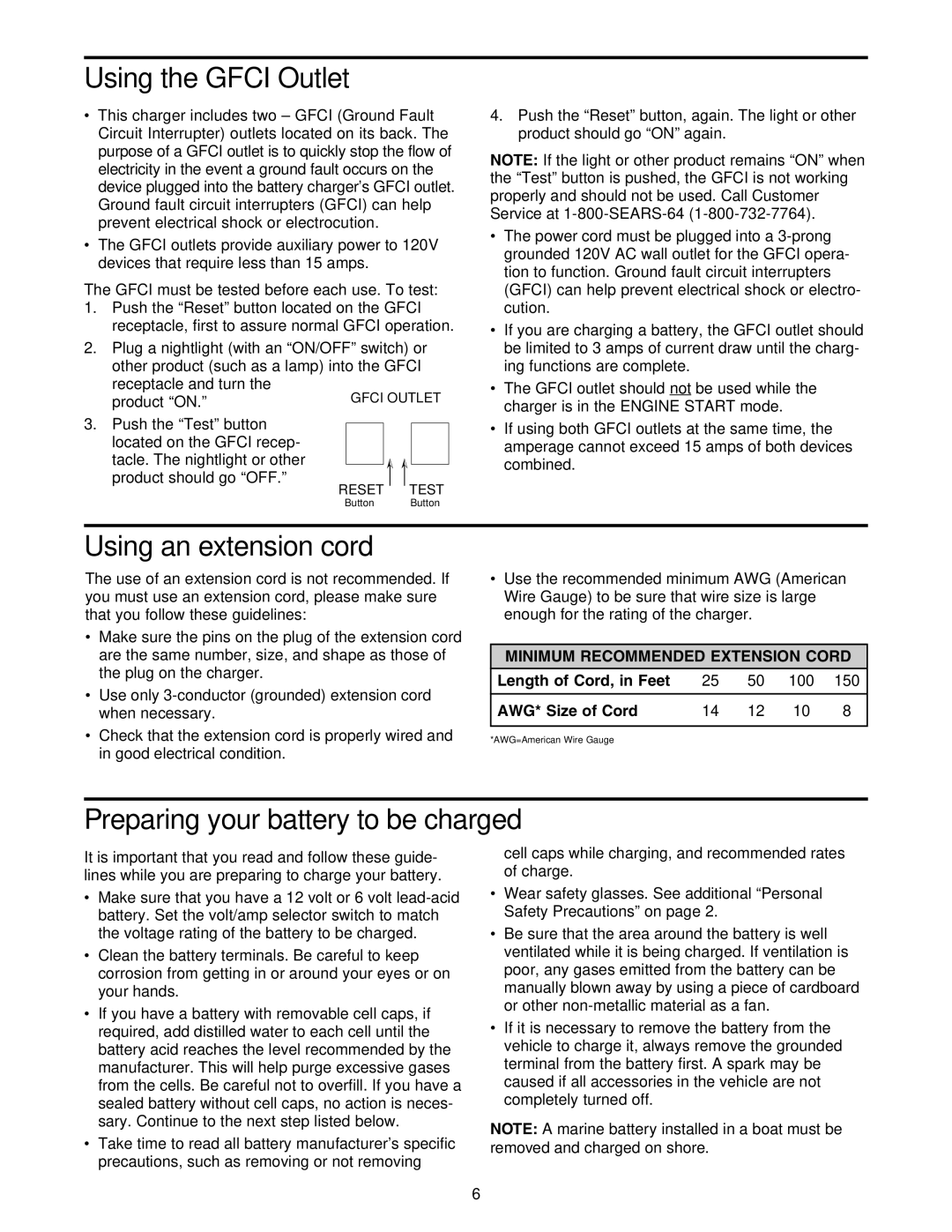 Sears 200.71234 owner manual Using the Gfci Outlet, Using an extension cord, Preparing your battery to be charged 