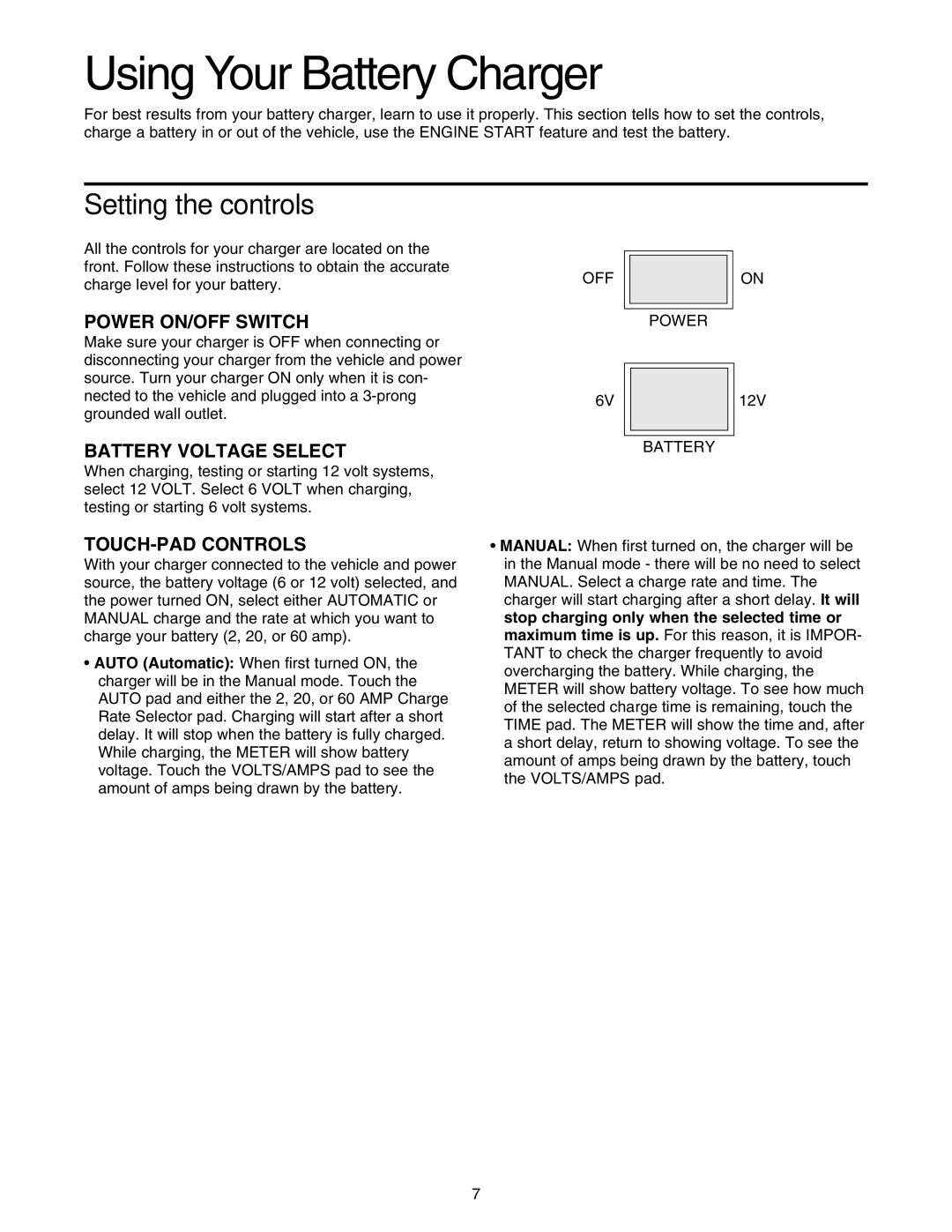 Sears 200.71234 owner manual Using Your Battery Charger, Setting the controls 