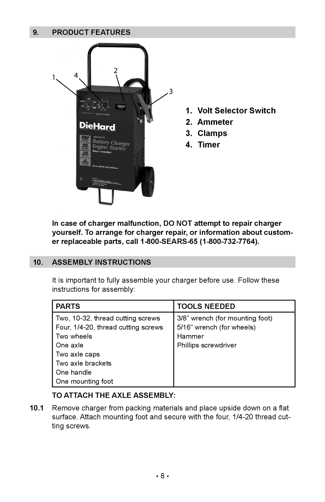 Sears 200.71240 operating instructions Volt Selector Switch Ammeter Clamps Timer, Parts Tools Needed 