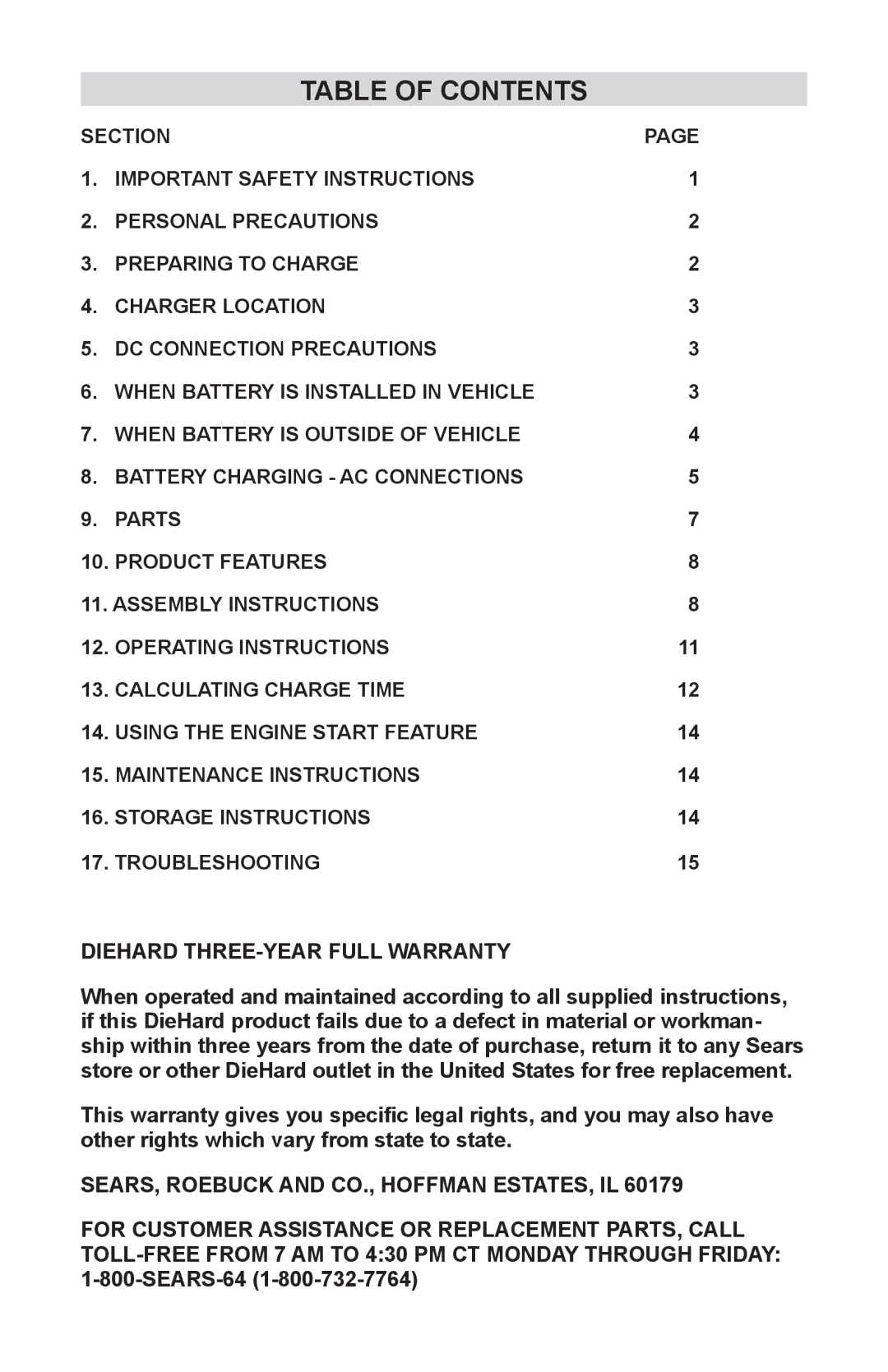 Sears 200.71240 operating instructions Table of Contents 