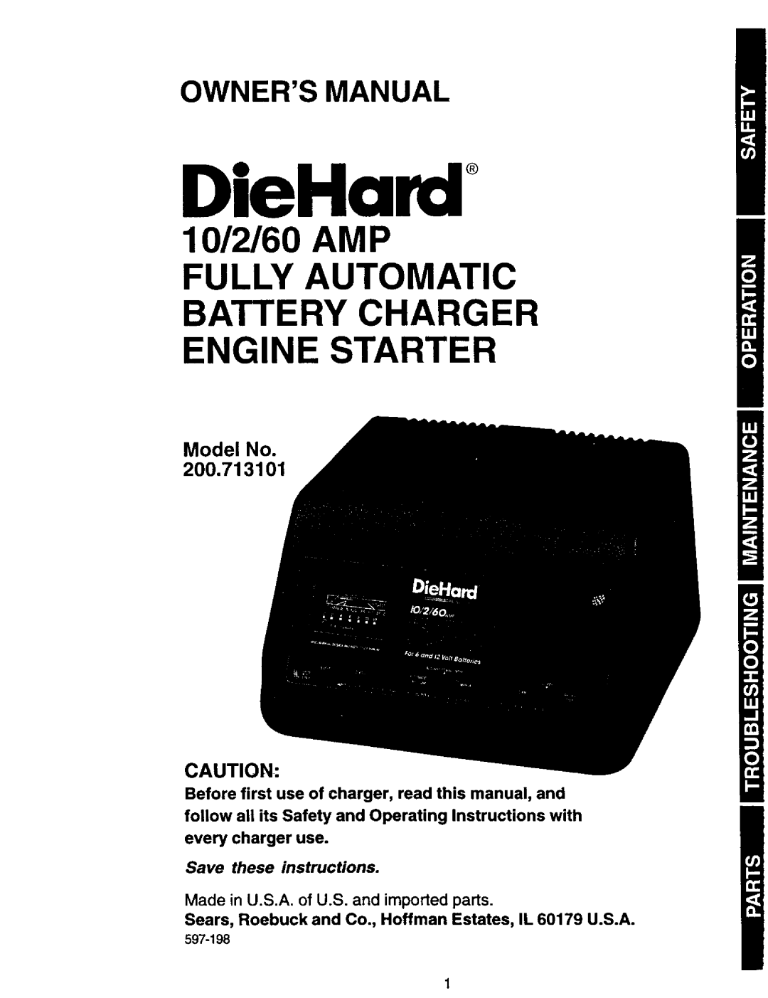 Sears 200.713101 owner manual DieHard, Model No 