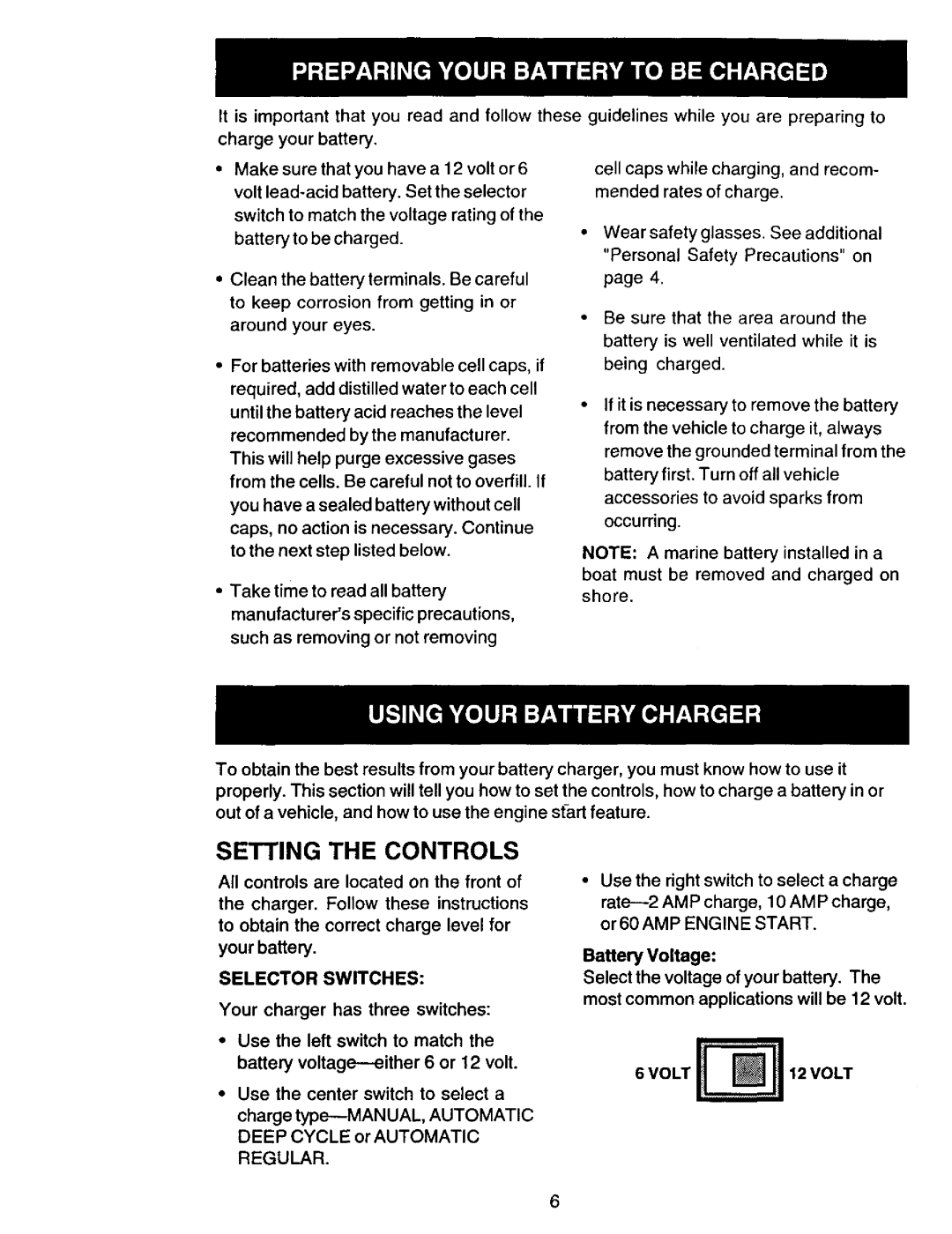 Sears 200.713101 owner manual Selector Switches, Battery Voltage, Most common applications will be 12 volt 