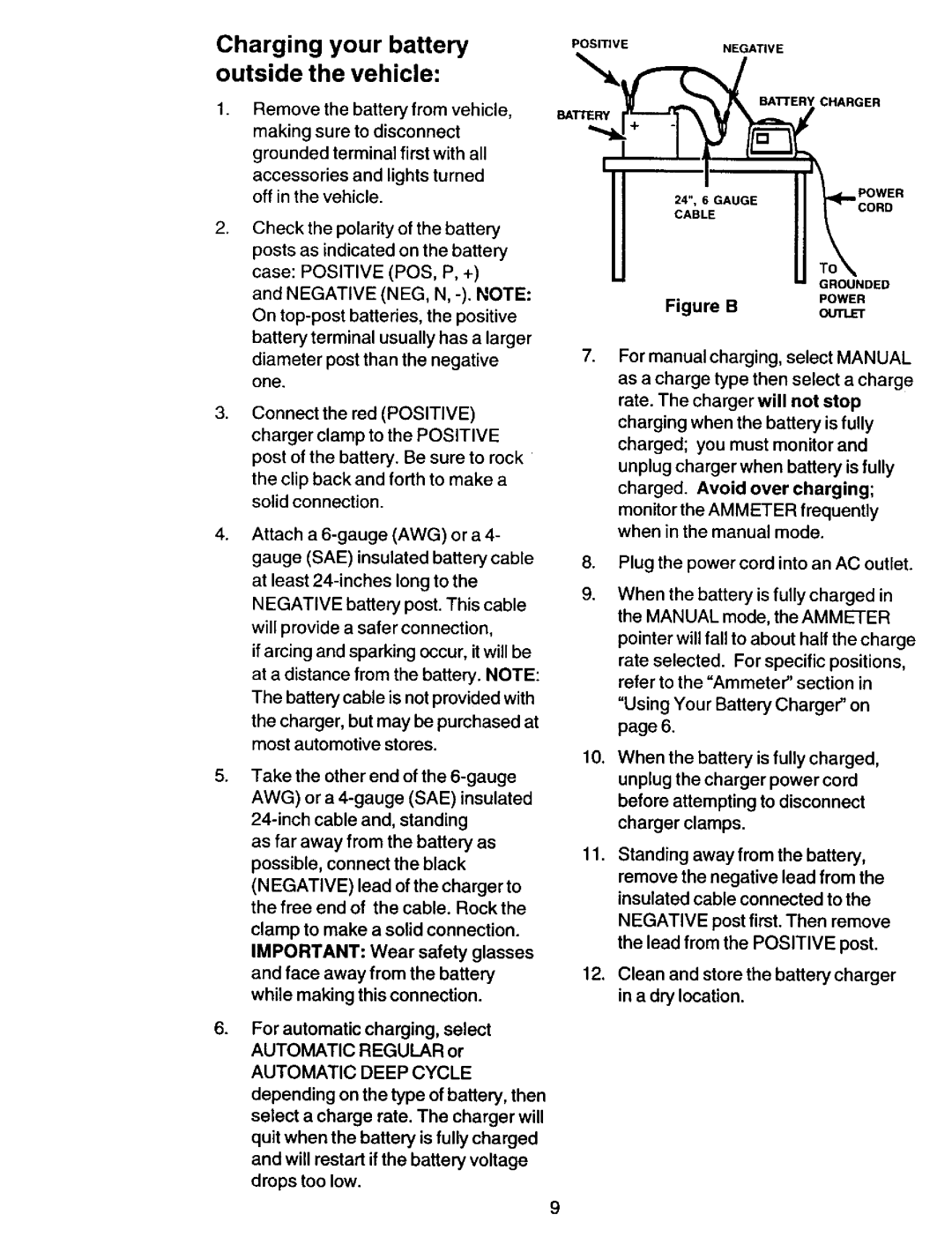 Sears 200.713101 owner manual Charging your battery outside the vehicle, For automatic charging, select, OUTLEr 