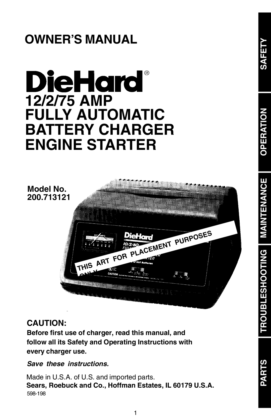 Sears 200.713121 owner manual 12/2/75 AMP Fully Automatic Battery Charger Engine Starter 