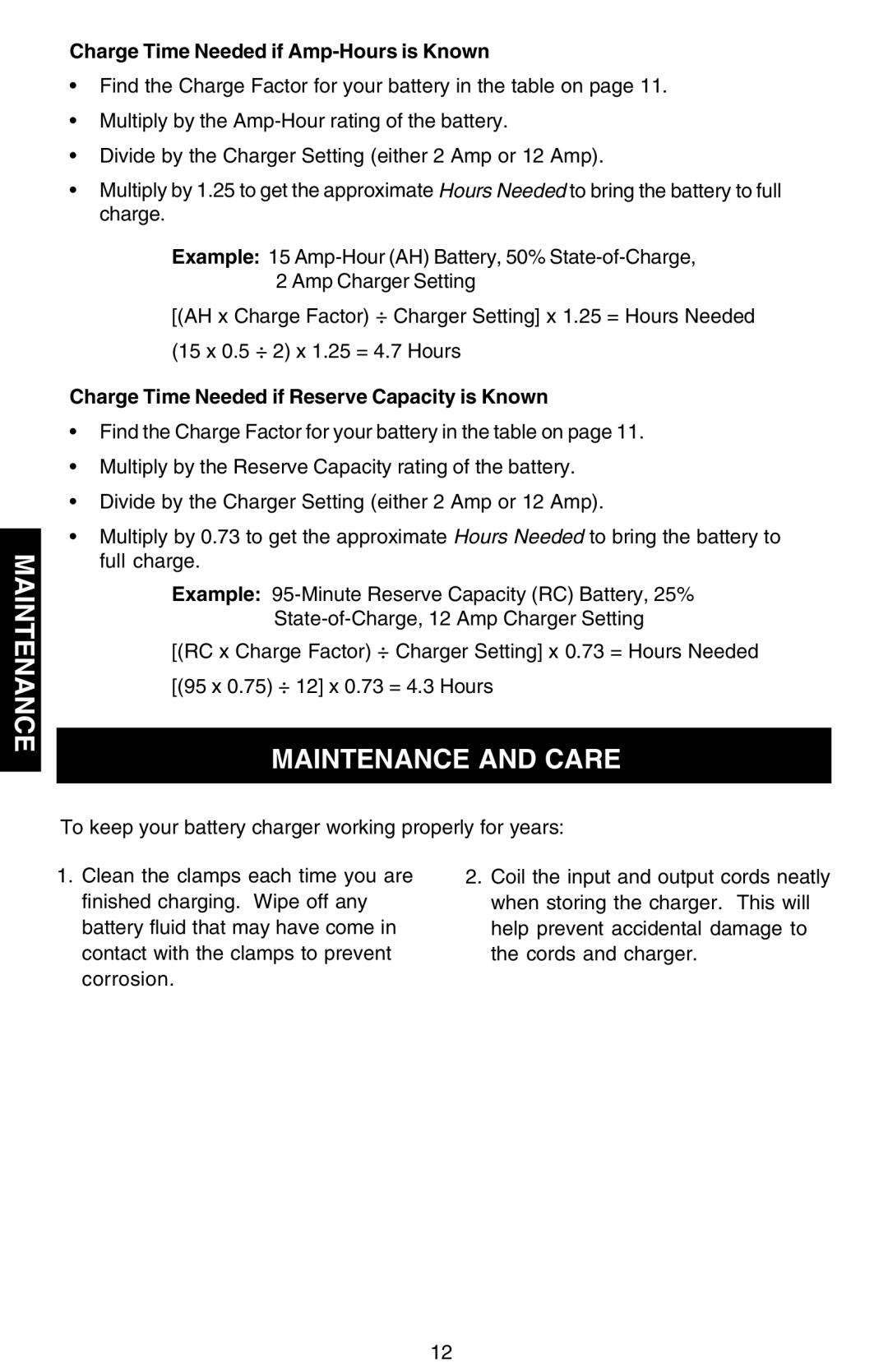 Sears 200.713121 owner manual Maintenance and Care, Charge Time Needed if Amp-Hours is Known 