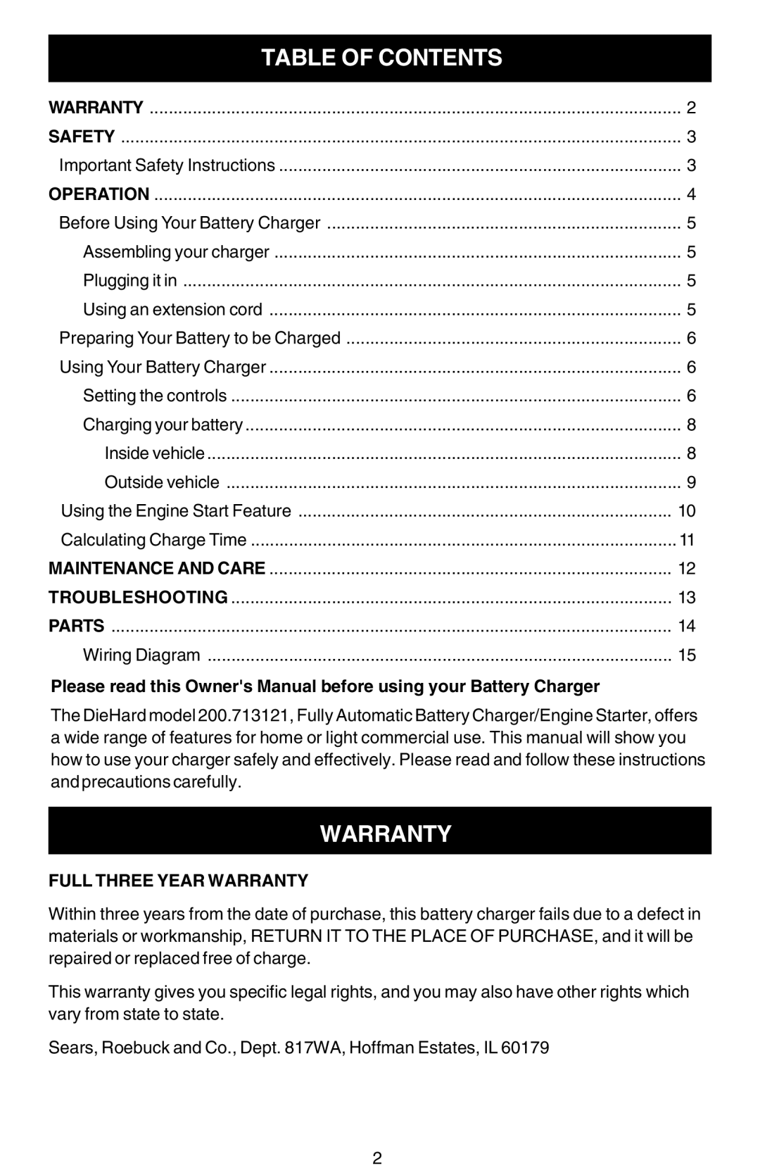 Sears 200.713121 owner manual Full Three Year Warranty 