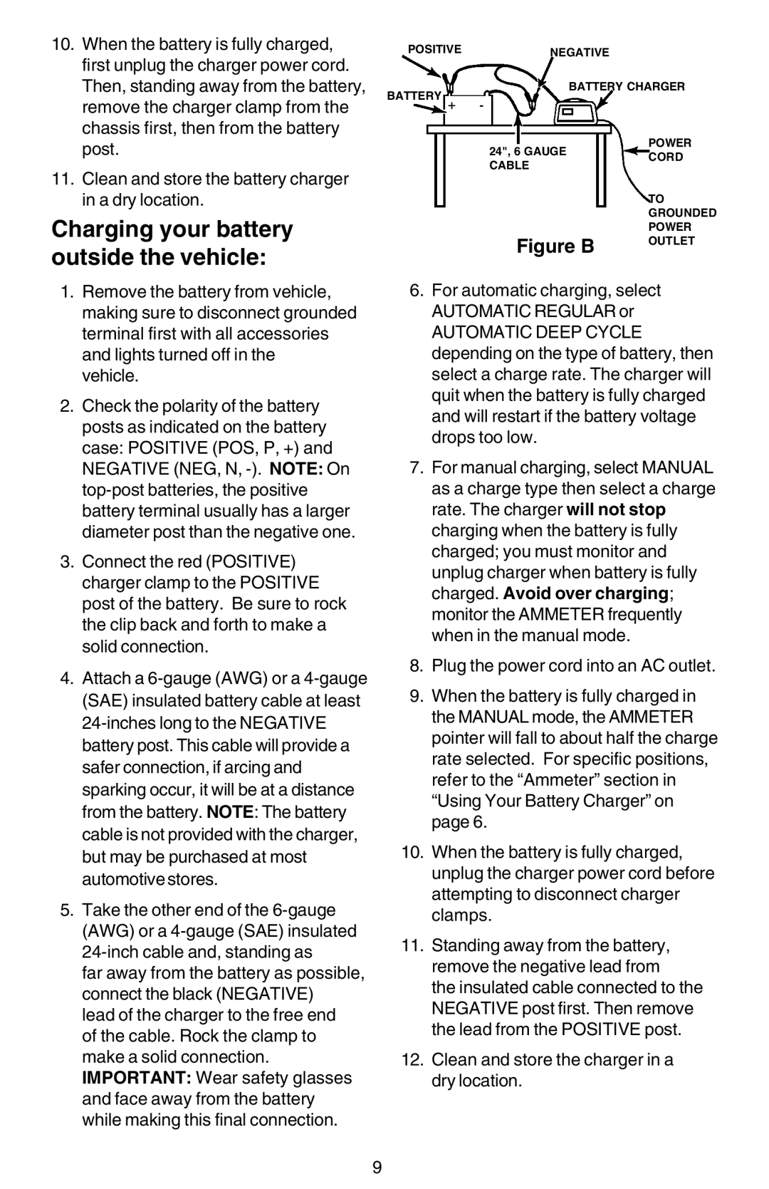 Sears 200.713121 owner manual Charging your battery outside the vehicle 