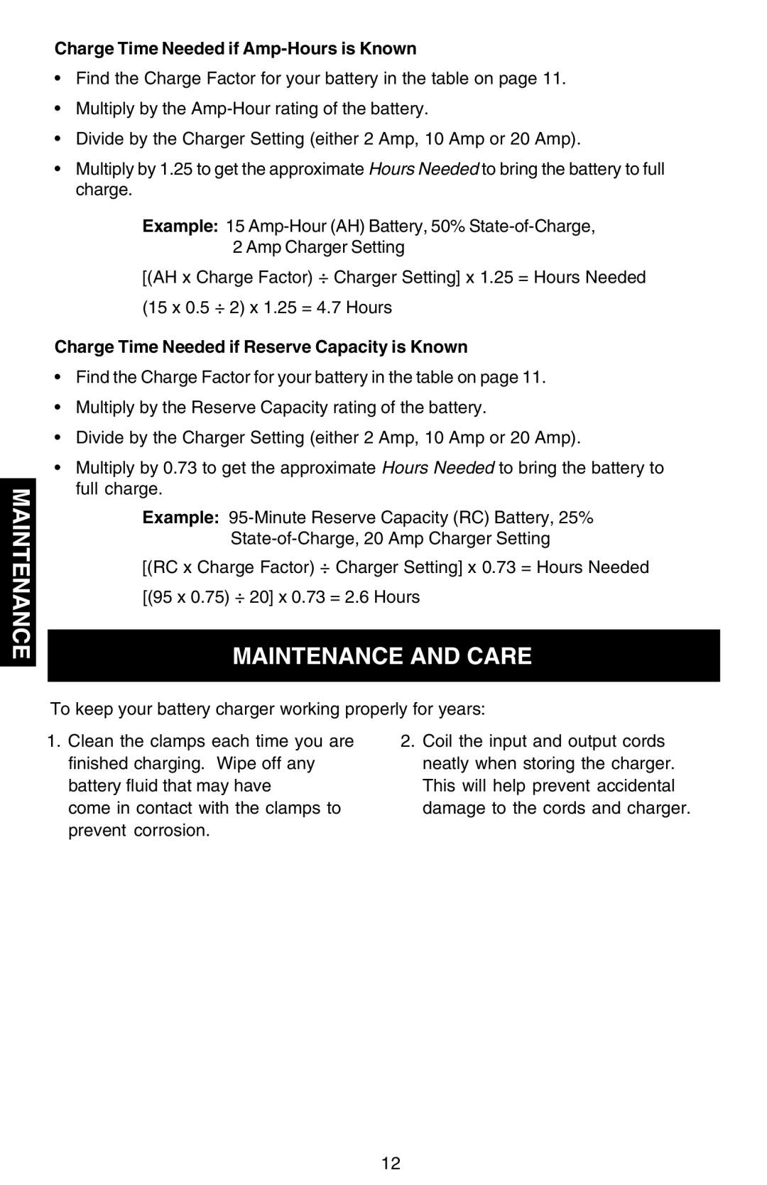 Sears 200.713201 owner manual Maintenance and Care, Charge Time Needed if Amp-Hours is Known 