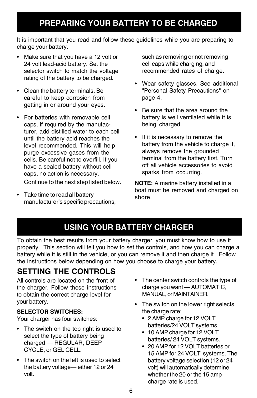 Sears 200.713201 owner manual Preparing Your Battery to be Charged, Operation Maintenance, Using Your Battery Charger 