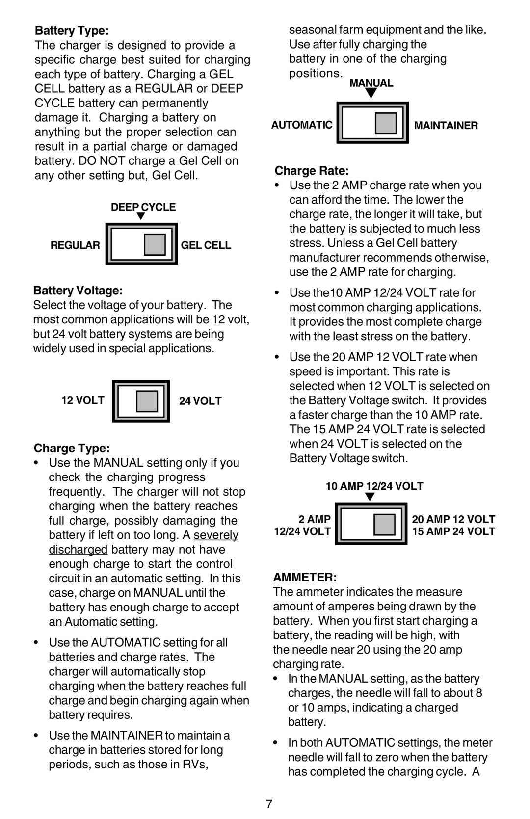 Sears 200.713201 owner manual Battery Type, Battery Voltage, Charge Type, Charge Rate, Ammeter 