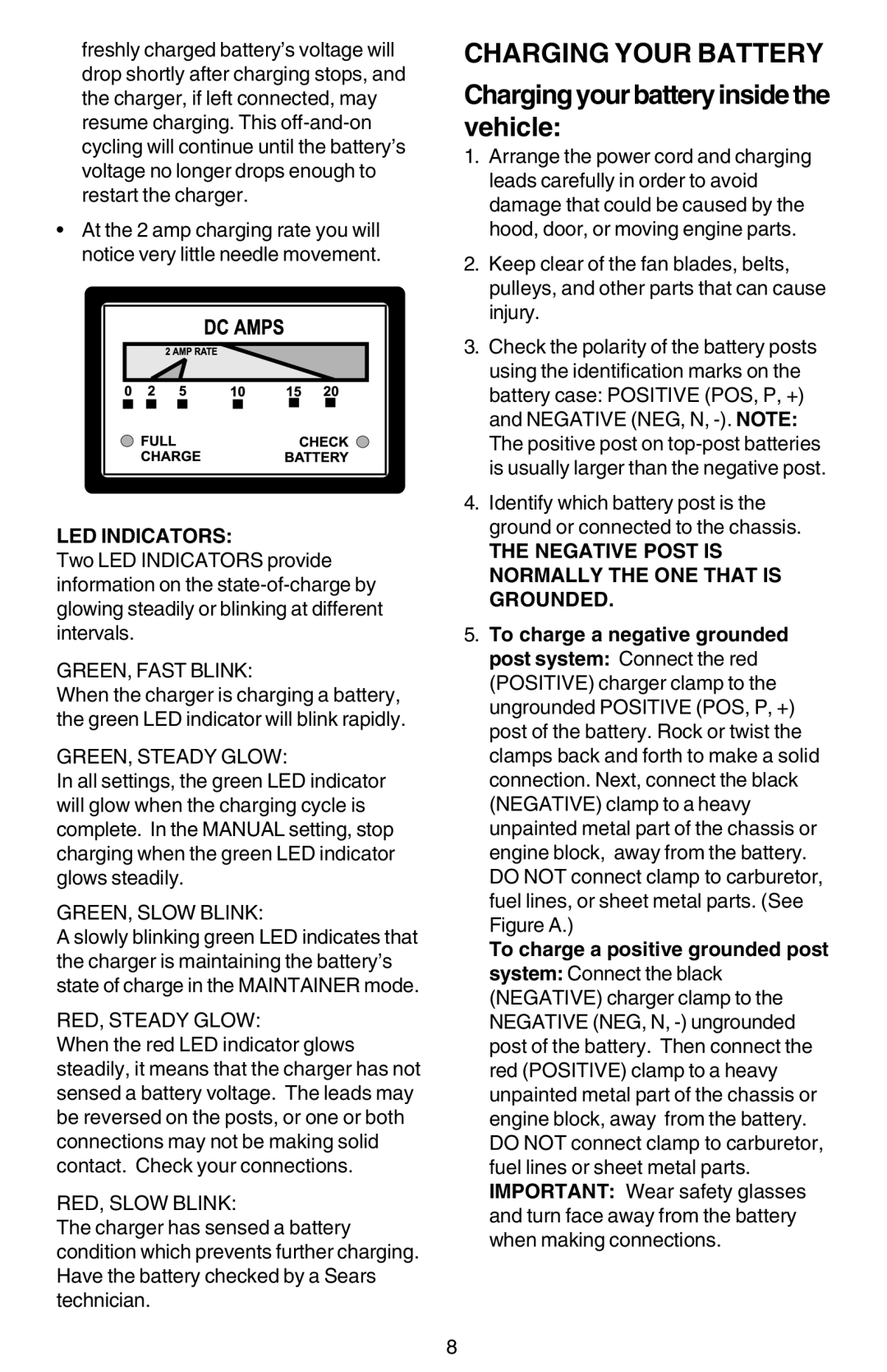 Sears 200.713201 owner manual LED Indicators, Negative Post is Normally the ONE That is Grounded 