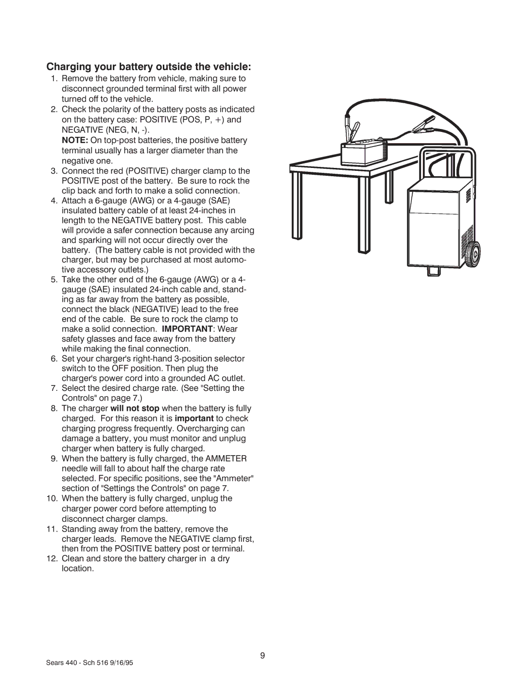 Sears 200.71440 owner manual Charging your battery outside the vehicle 