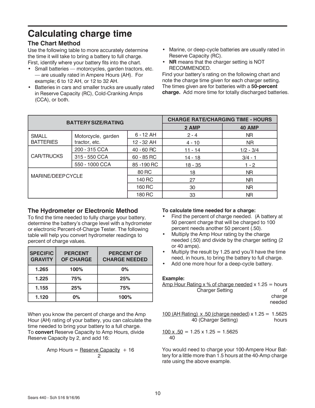 Sears 200.71440 owner manual Calculating charge time, Chart Method, Hydrometer or Electronic Method 