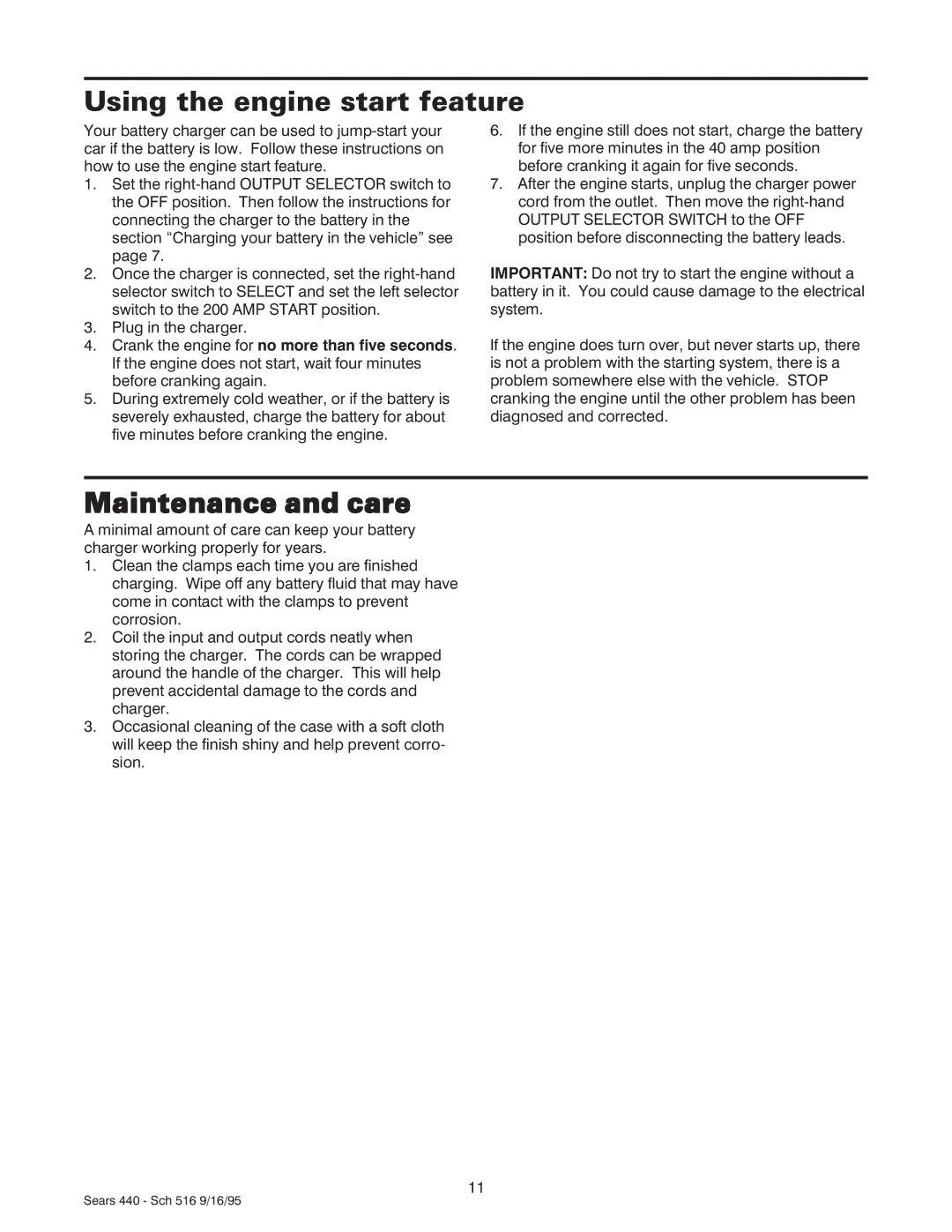 Sears 200.71440 owner manual Using the engine start feature, Maintenance and care 