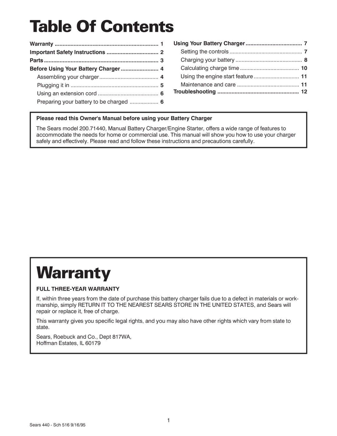 Sears 200.71440 owner manual Table Of Contents, Warranty 