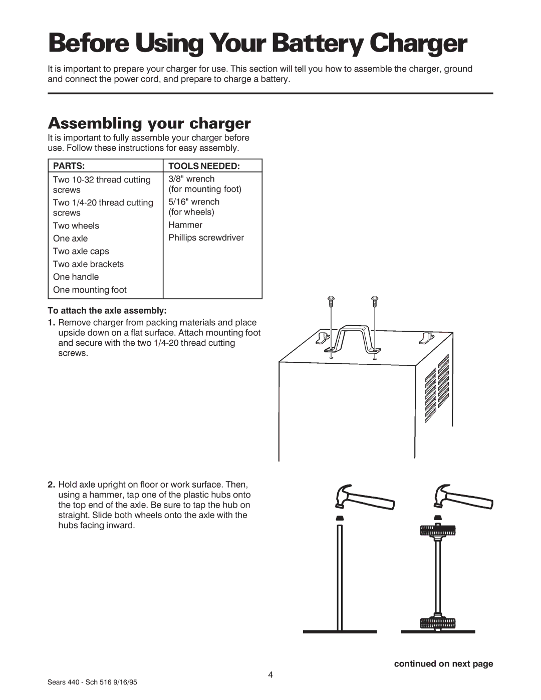 Sears 200.71440 owner manual Before Using Your Battery Charger, Assembling your charger, Parts Tools Needed 