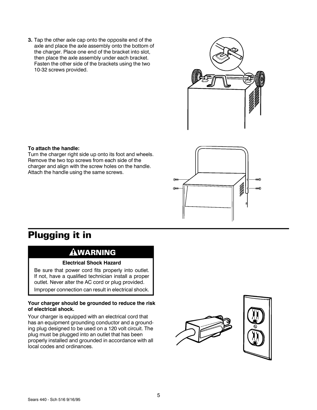 Sears 200.71440 owner manual Plugging it, To attach the handle, Electrical Shock Hazard 