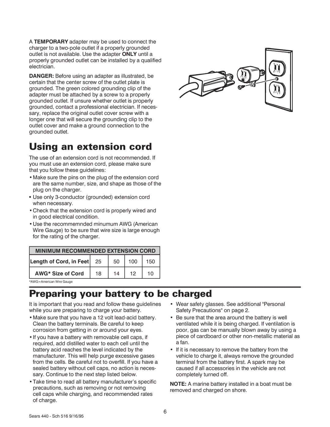 Sears 200.71440 Using an extension cord, Preparing your battery to be charged, Minimum Recommended Extension Cord 