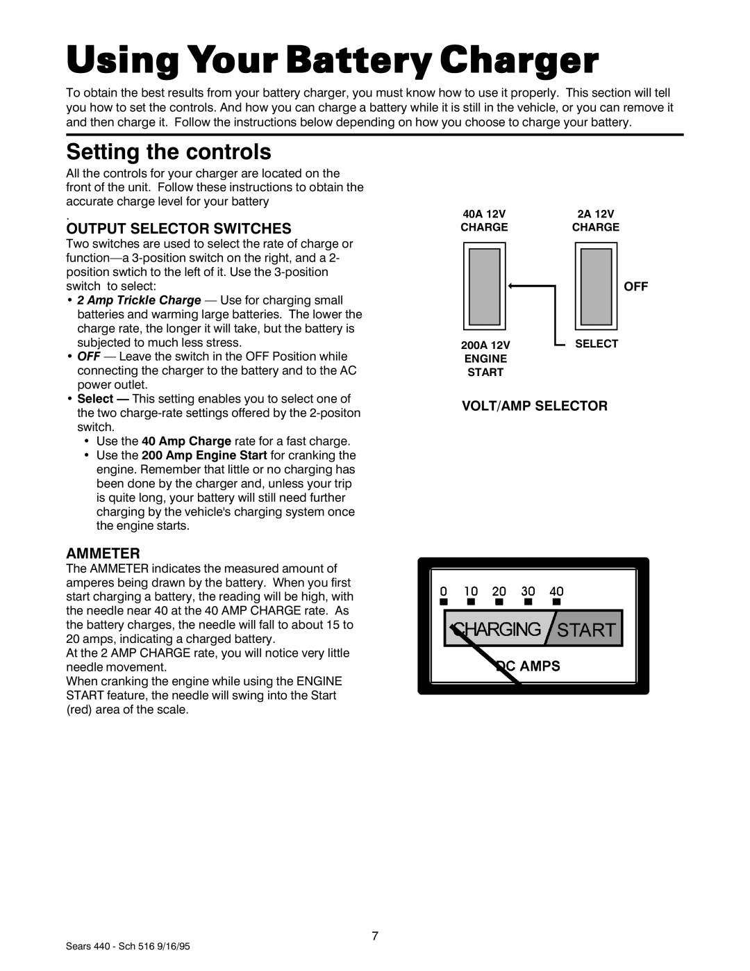 Sears 200.71440 owner manual Using Your Battery Charger, Setting the controls, Off 