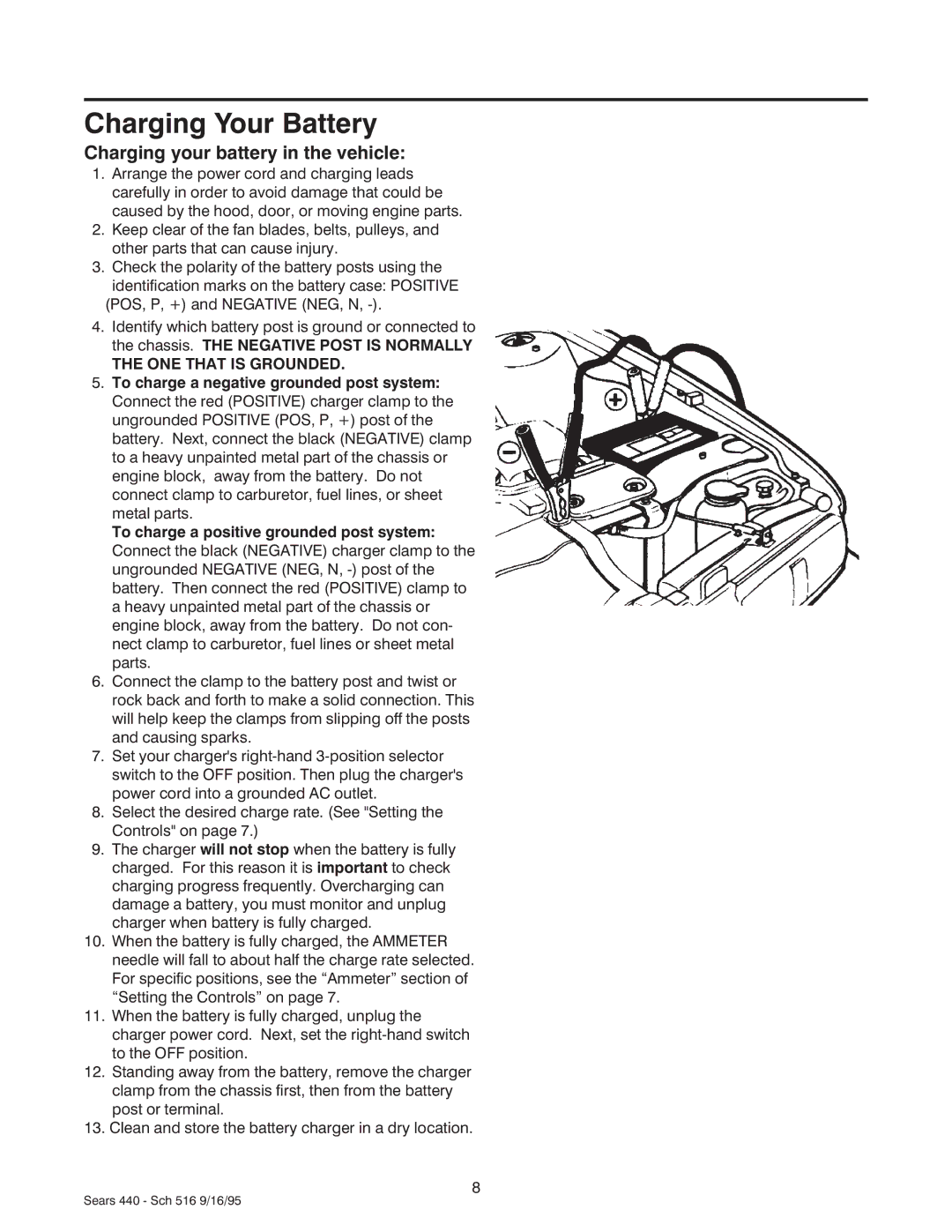 Sears 200.71440 owner manual Charging Your Battery, Charging your battery in the vehicle, ONE That is Grounded 