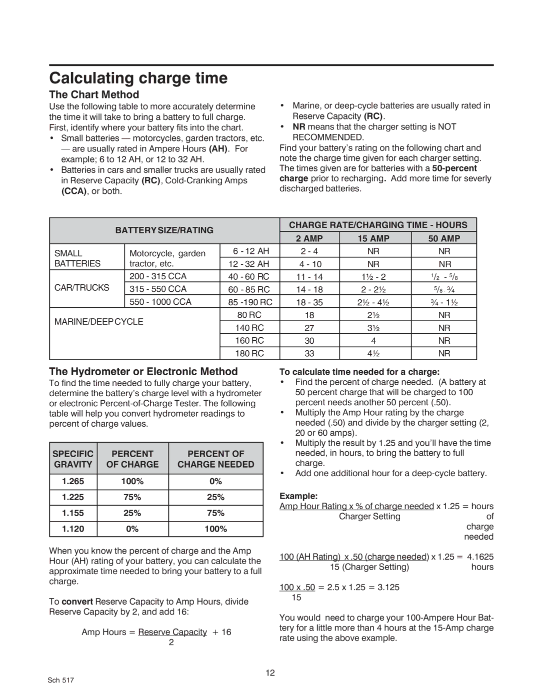 Sears 200.71450 owner manual Calculating charge time, Chart Method, Hydrometer or Electronic Method 