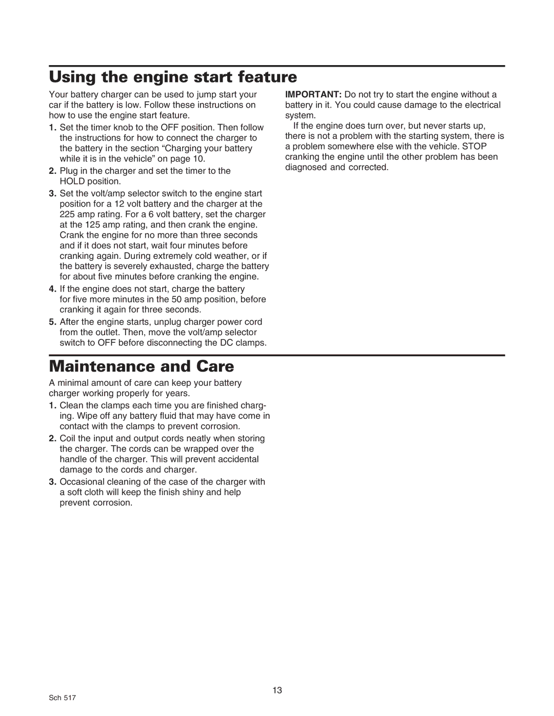 Sears 200.71450 owner manual Using the engine start feature, Maintenance and Care 