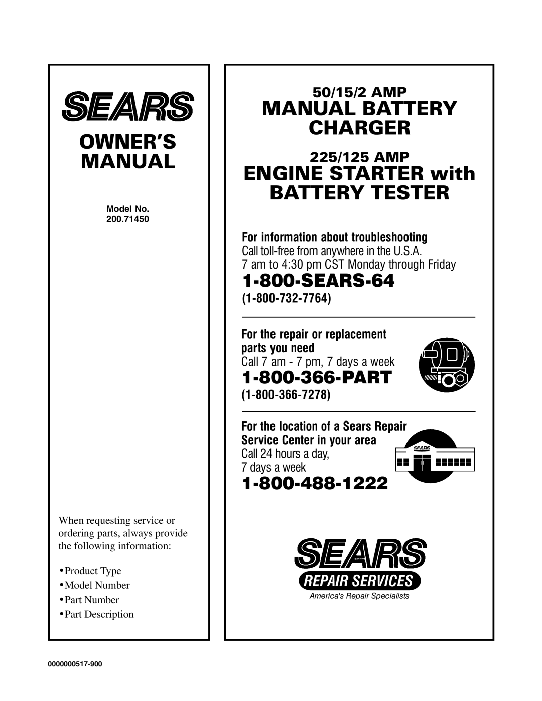 Sears 200.71450 owner manual Part, Model No 