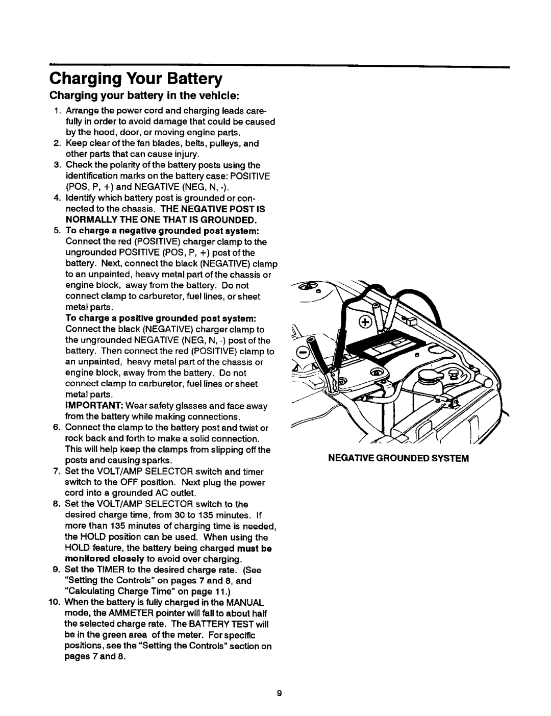 Sears 200.71460 owner manual Charging Your Battery, Charging your battery in the vehicle, Normally the ONE That is Grounded 