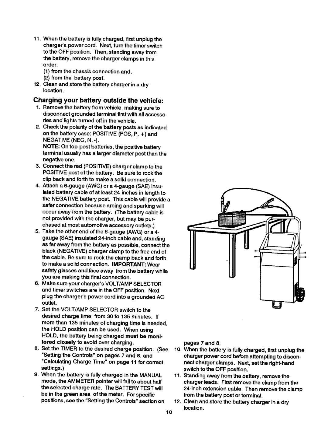 Sears 200.71460 owner manual Charging your battery outside the vehicle 