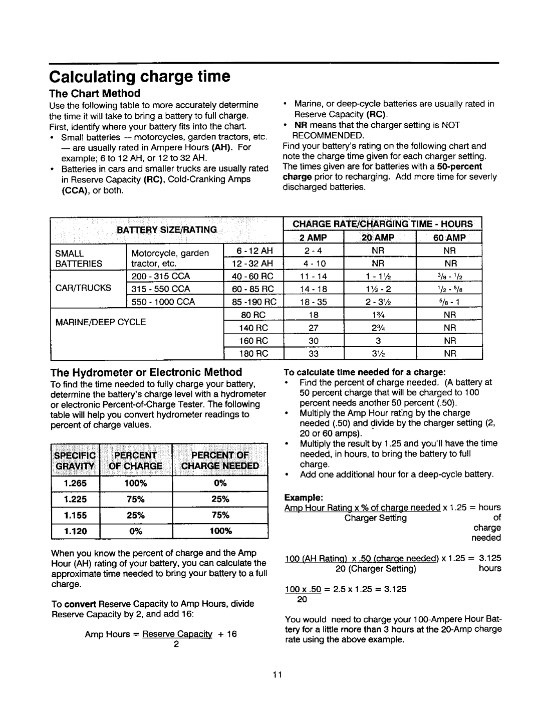 Sears 200.71460 owner manual Chart Method, Hydrometer or Electronic Method, AMP 20AMP 60AMP 