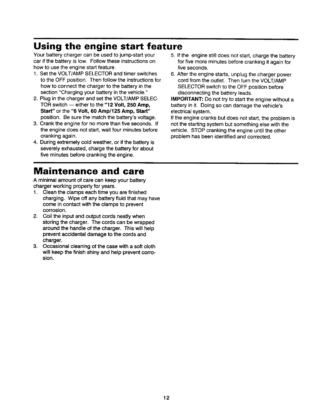 Sears 200.71460 owner manual Using the engine start feature, Maintenance and care 