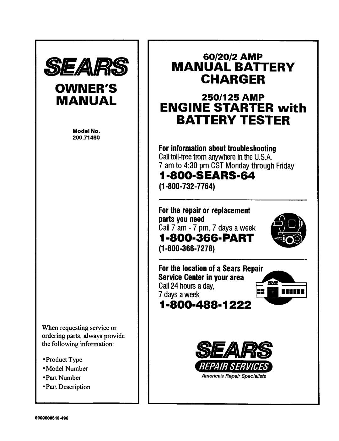 Sears 200.71460 owner manual SEAR8, Model No 