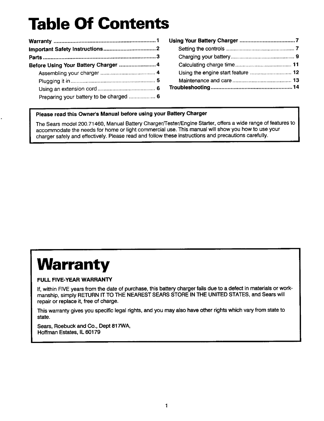 Sears 200.71460 owner manual Contents 