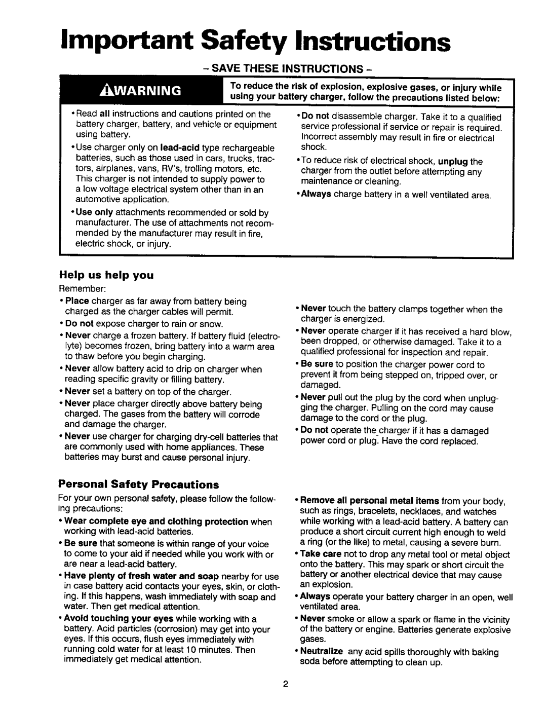 Sears 200.71460 owner manual Important Safety Instructions, Help us help you, Personal Safety Precautions 