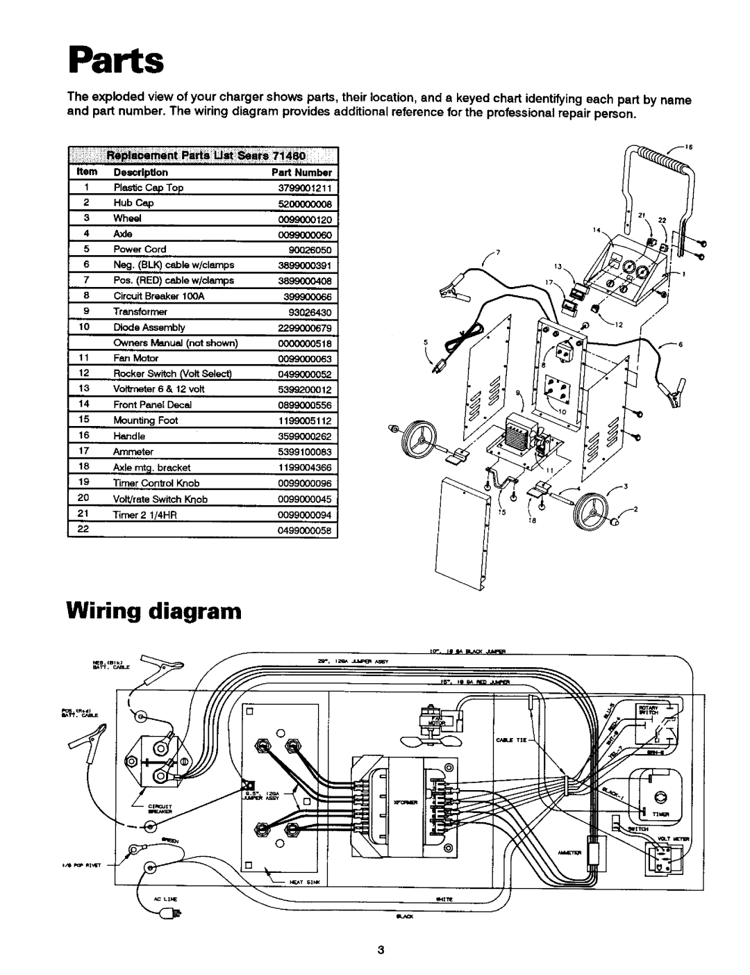 Sears 200.71460 owner manual Parts, Wiring diagram 