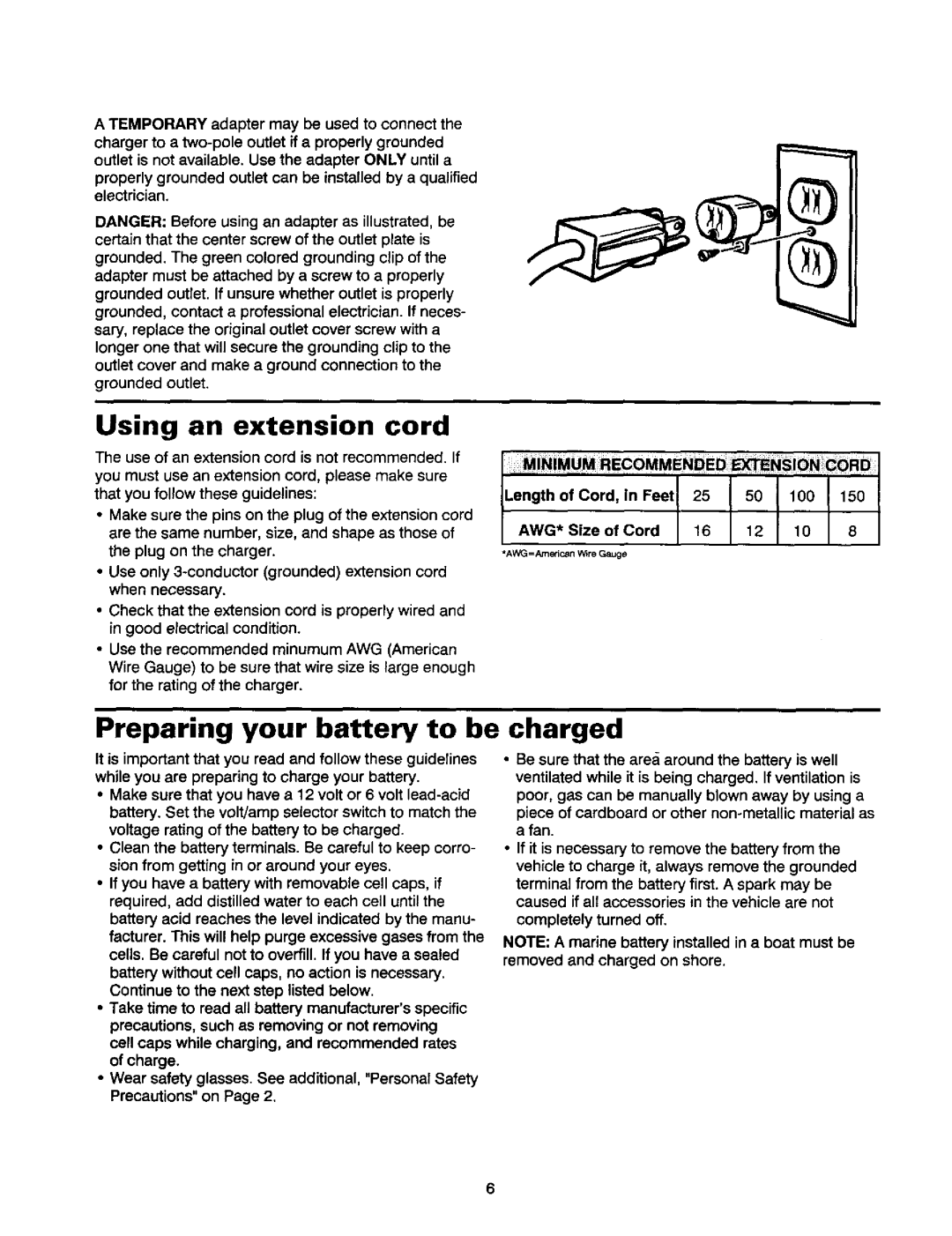 Sears 200.71460 owner manual Using an extension cord, Preparing your battery to be charged, Length of Cord, In Feet 