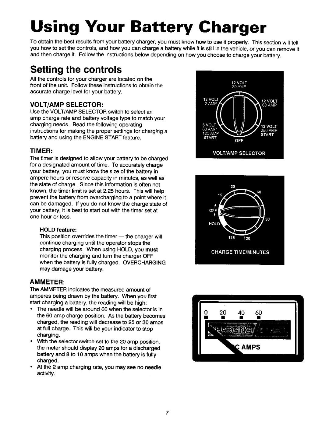 Sears 200.71460 owner manual Using Your Battery Charger, Setting the controls, Hold feature 