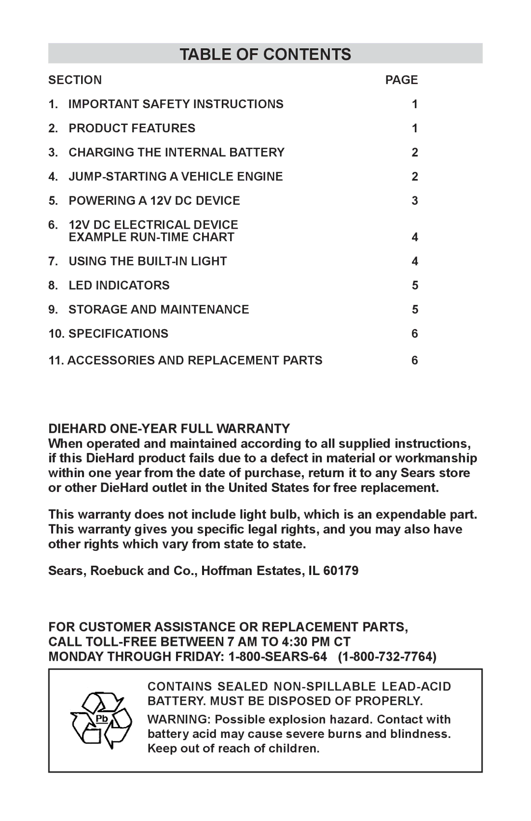 Sears 200.71486 manual Table of Contents 