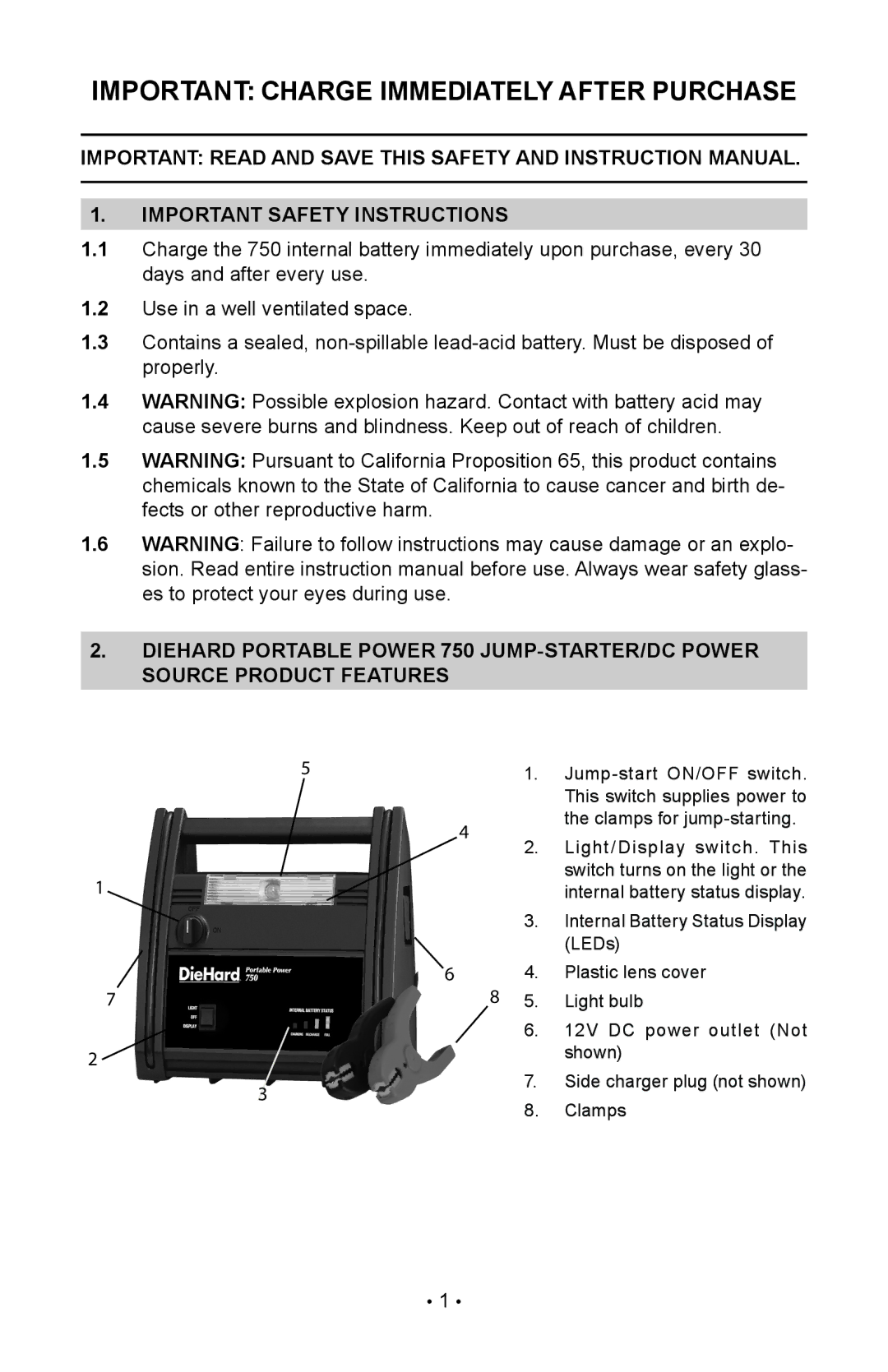 Sears 200.71486 manual Important Charge Immediately After Purchase 