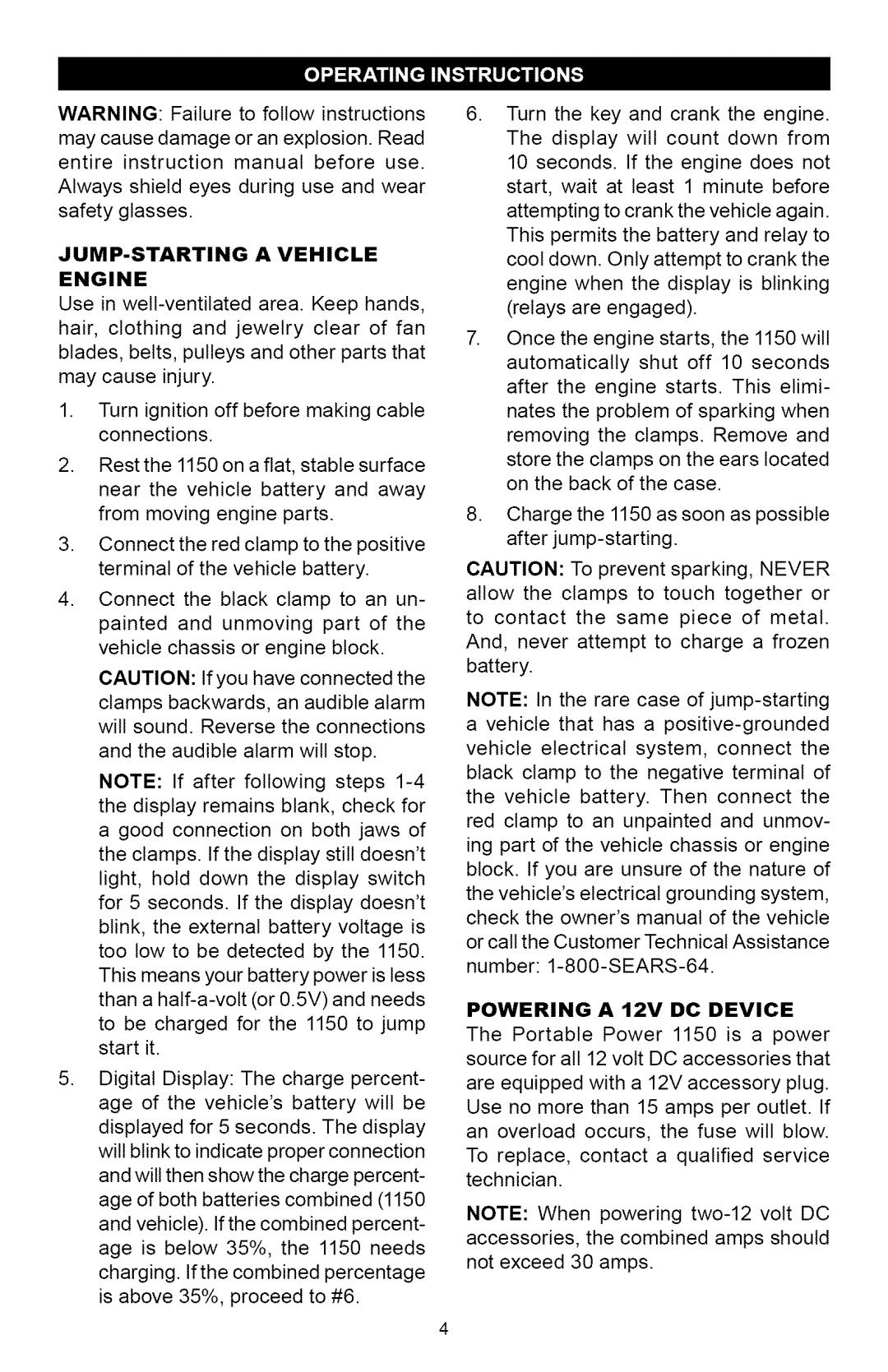 Sears 200.71488 owner manual JUMP-STARTING a Vehicle Engine, Powering a 12V DC Device 