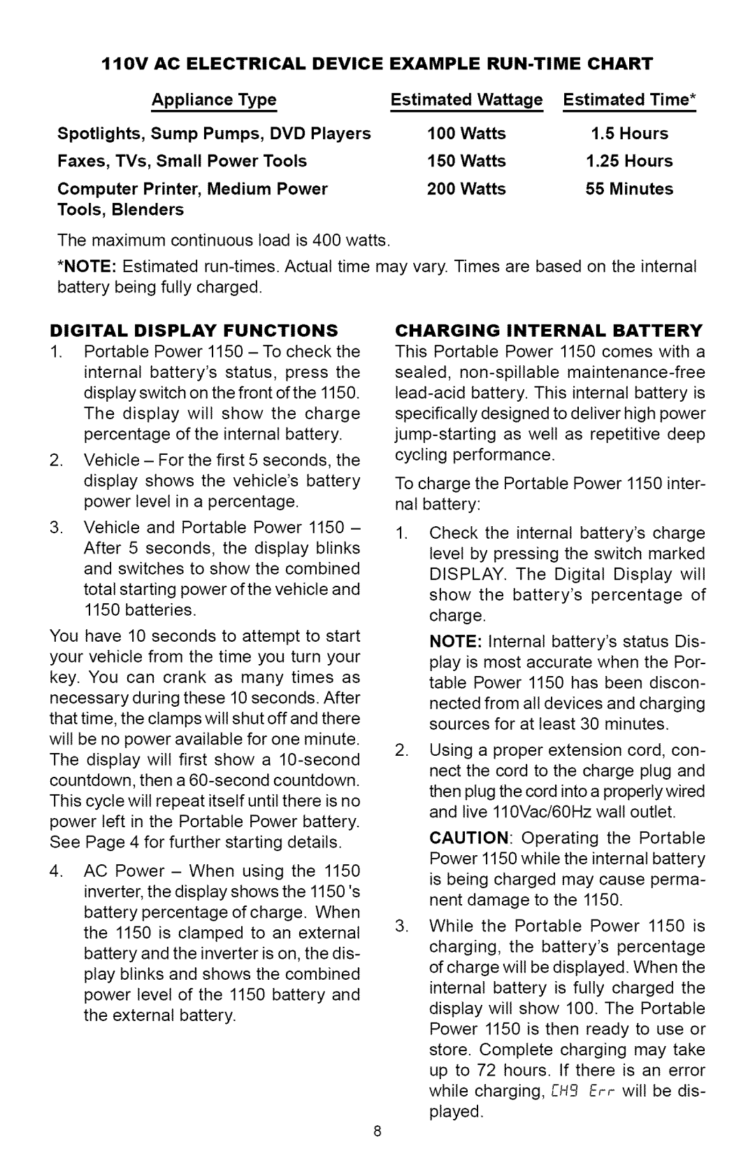 Sears 200.71488 110V AC Electrical Device Example RUN-TIME Chart, Digital Display Functions, Charging Internal Battery 