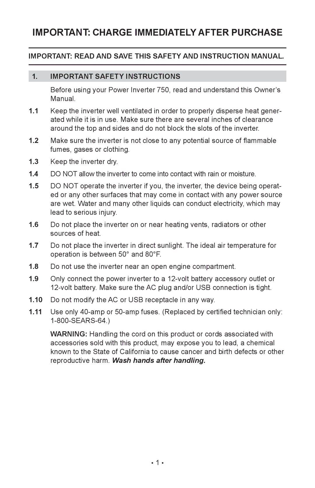 Sears 200.71495 owner manual Important Charge Immediately After Purchase, Important safety instructions 