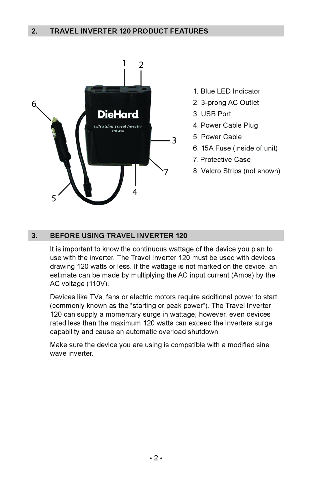 Sears 200.71520 operating instructions Travel inverter 120 product features, Before using travel inverter 