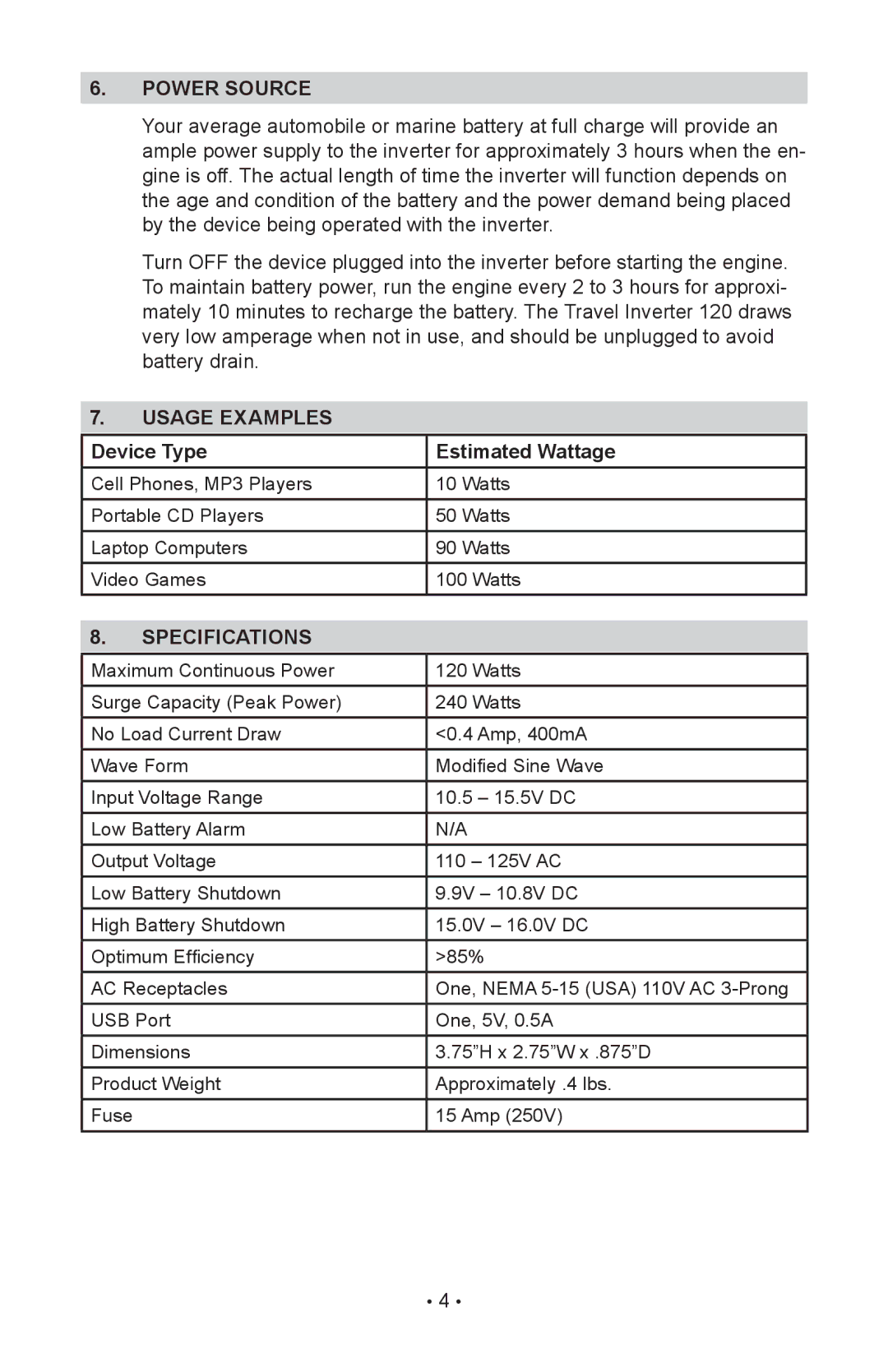 Sears 200.71520 operating instructions Power source, Usage examples Device Type Estimated Wattage, Specifications 